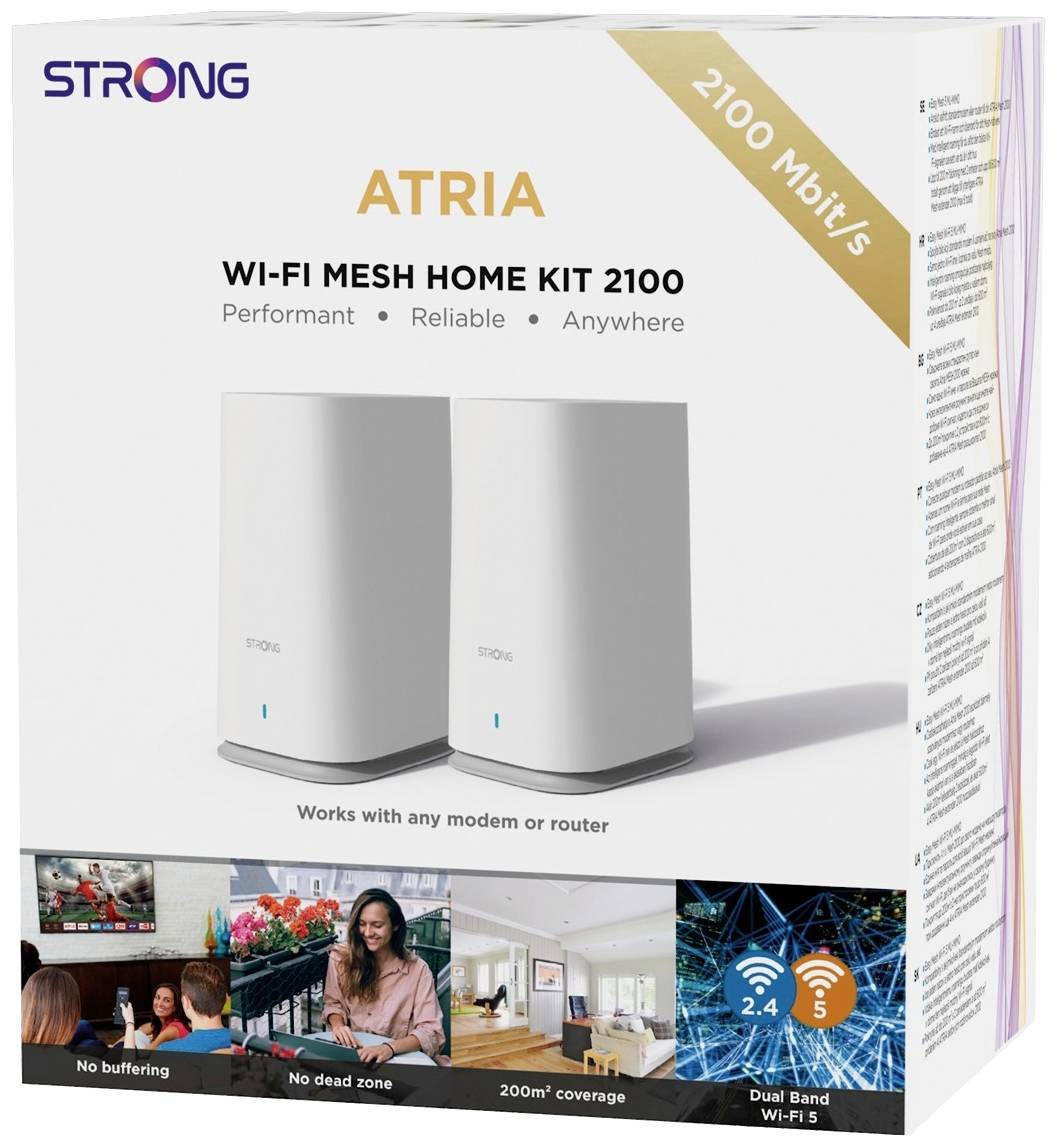 Balení sady Strong Atria Wi-Fi Mesh Home Kit, 2100 Mbit/s; obsahuje dva bílé přístroje. Klíčová slova: Výkonný, Spolehlivý, Všude.