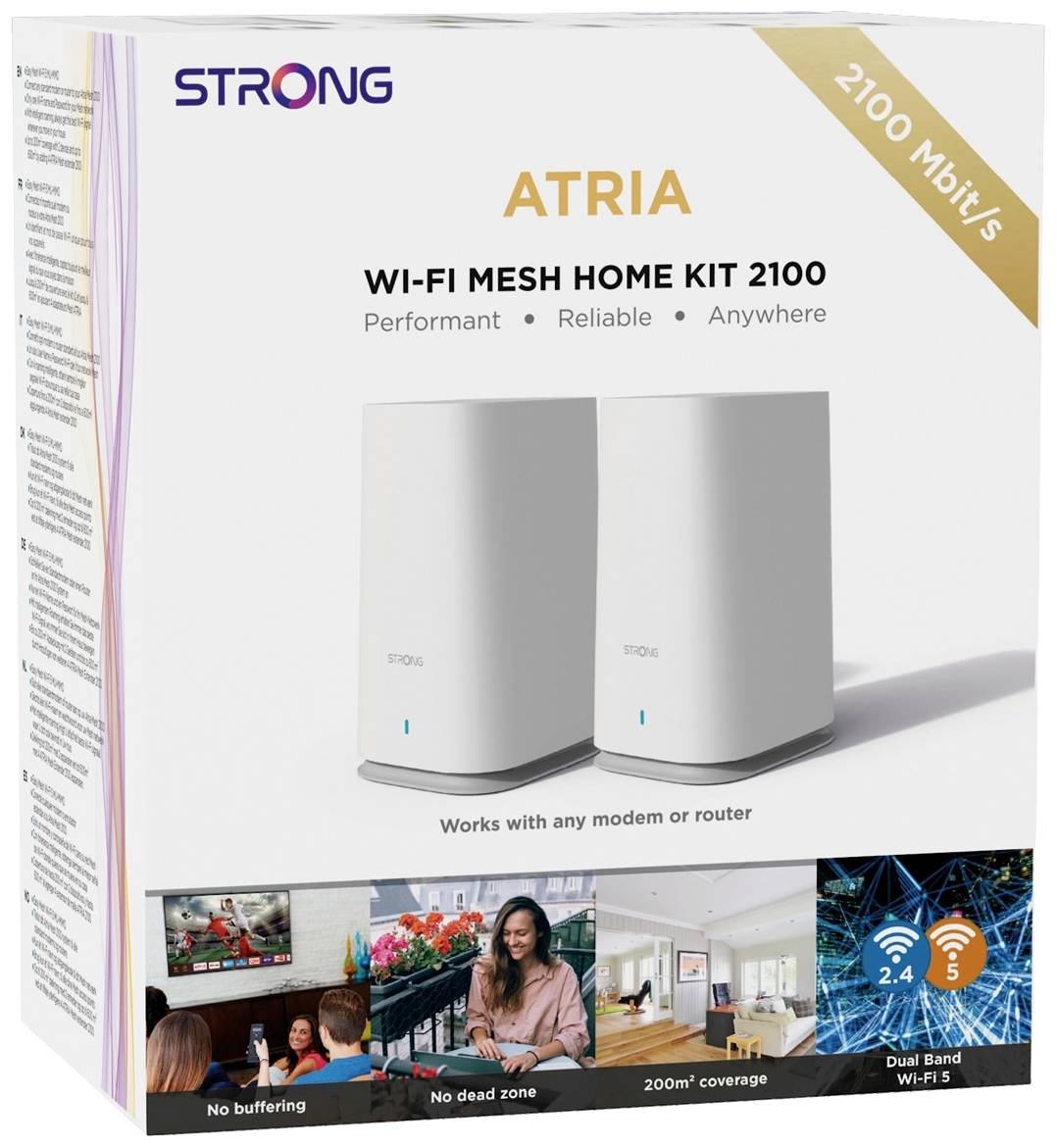 'ATRIA Wi-Fi Mesh Home Kit 2100 Mbps' se dvěma bílými zařízeními. Slibuje 'Výkonnost', 'Spolehlivost', 'Kdekoli'. Kompatibilní s jakýmkoli modemem nebo routerem.