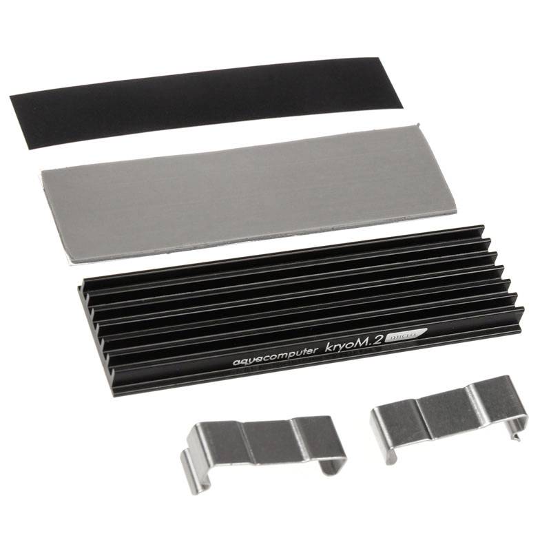 Sada chladiče pro M.2 SSD disky s chladícími žebry a montážními svorkami, která pomáhá snižovat teplotu solid-state disků.