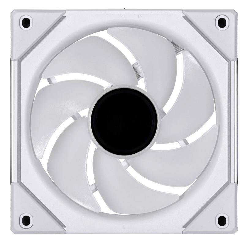 Čtvercový počítačový ventilátor s osmi bílými lopatkami, obklopený bílým rámečkem a s černým kruhem uprostřed.