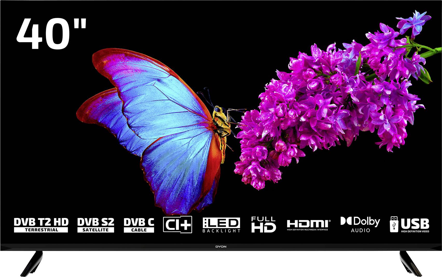 32palcový televizor Dyon Ultimax zobrazující leoparda. Mezi funkce patří 720p HD, Tizen OS, Samsung Gaming Hub a streamovací aplikace jako Prime Video a Netflix.
