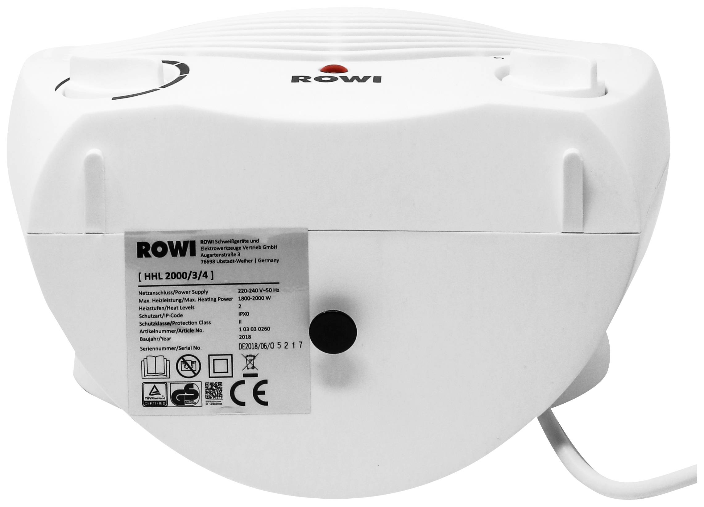 Bílý elektrický topný ventilátor značky ROWI. Na zadní straně jsou patrné technické informace a symboly, včetně označení CE.