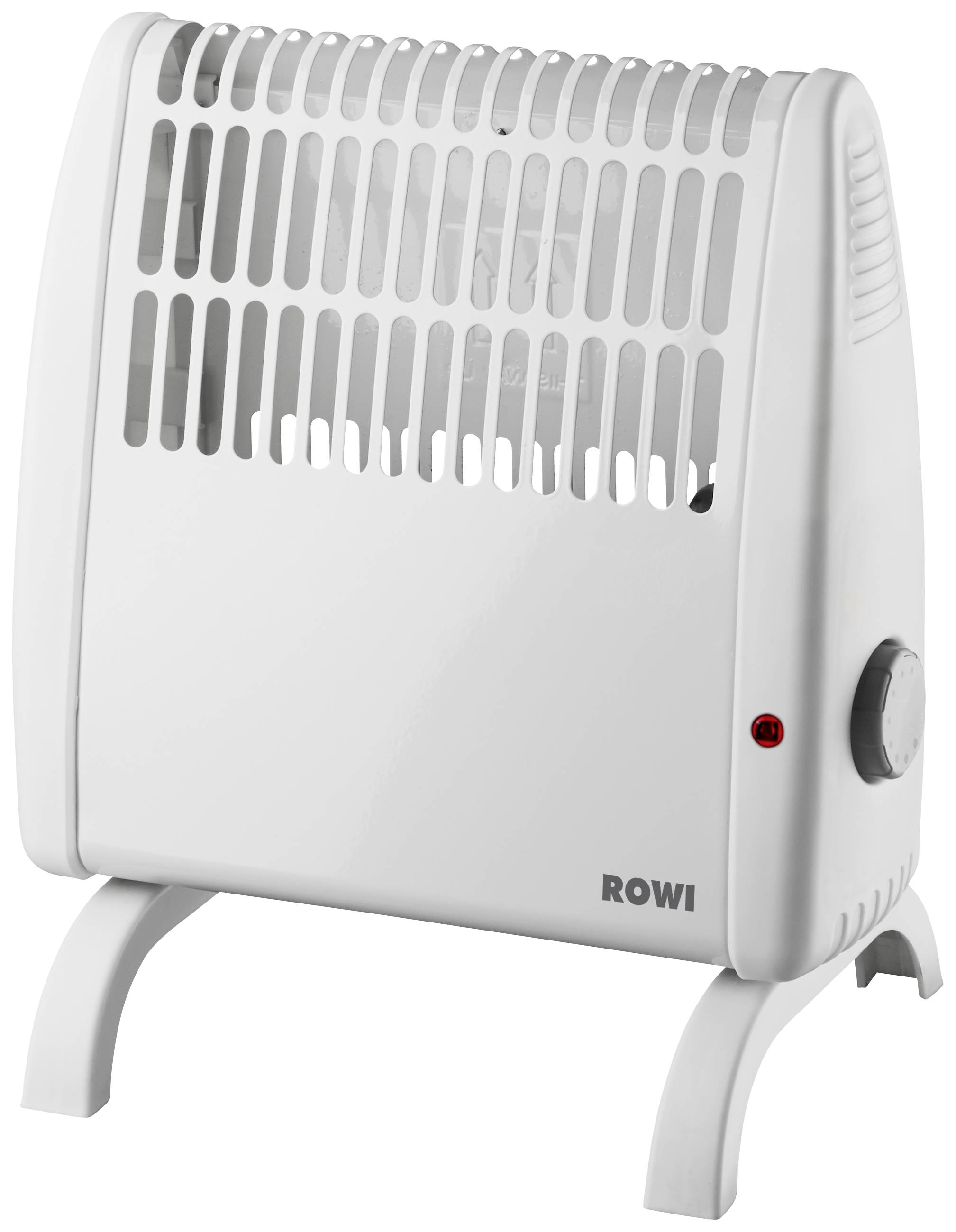 Bílý elektrický topný ventilátor s větracími otvory a otočným ovladačem na straně. Označení 'ROWI'.
