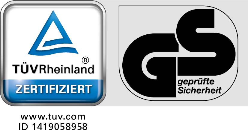 Obrázek zobrazuje certifikační logo TÜV Rheinland a značku GS „ověřená bezpečnost" s identifikačním číslem.