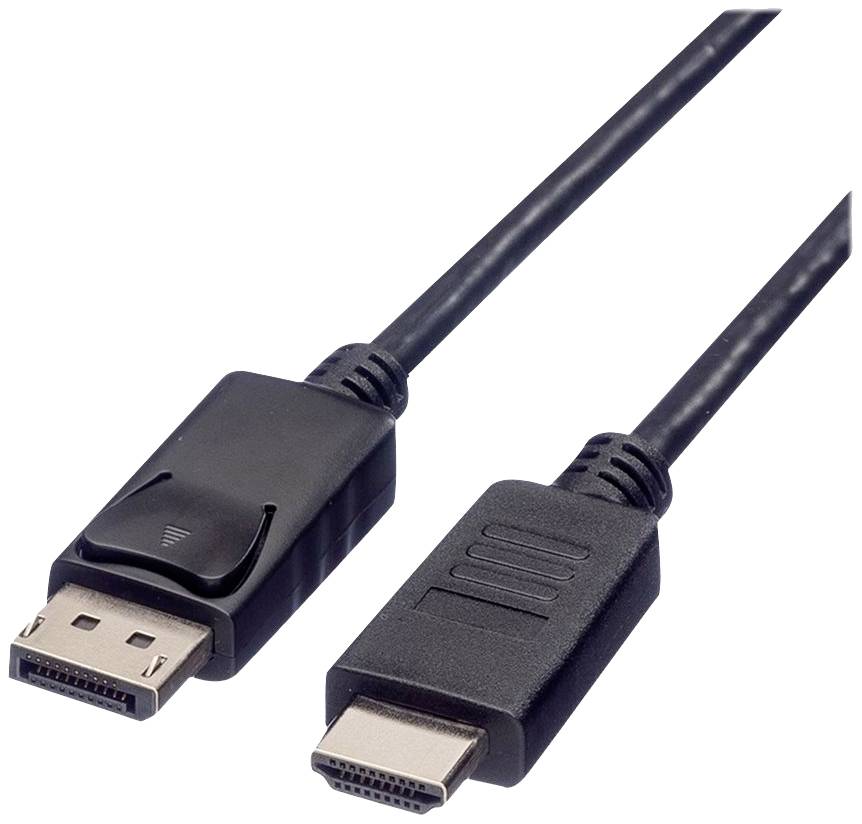 Černý kabel se dvěma různými konektory: vlevo konektor DisplayPort, vpravo konektor HDMI.