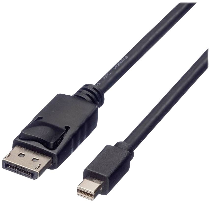 Černý kabel s konektorem DisplayPort na jedné straně a minikonektorem DisplayPort na straně druhé.