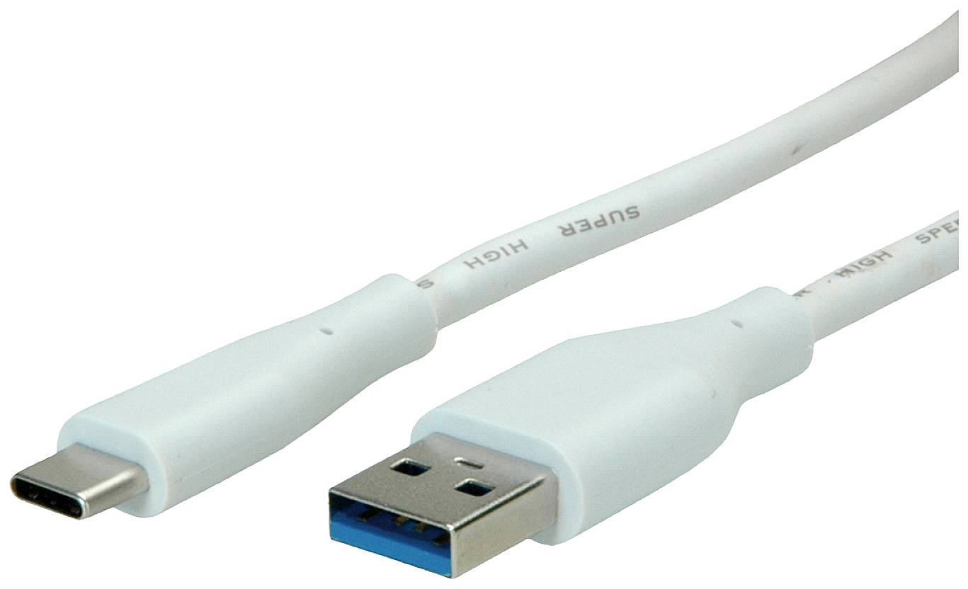 Bílý USB kabel s USB-C konektorem na jedné straně a USB-A konektorem na straně druhé.