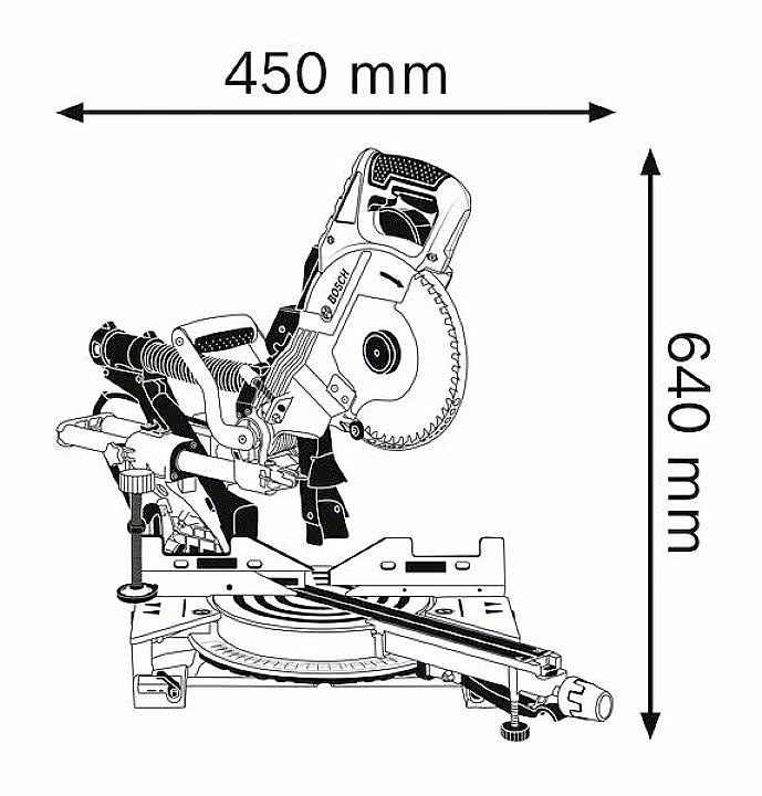 Schématický nákres pokosové pily s rozměry 450 mm šířky a 640 mm výšky.