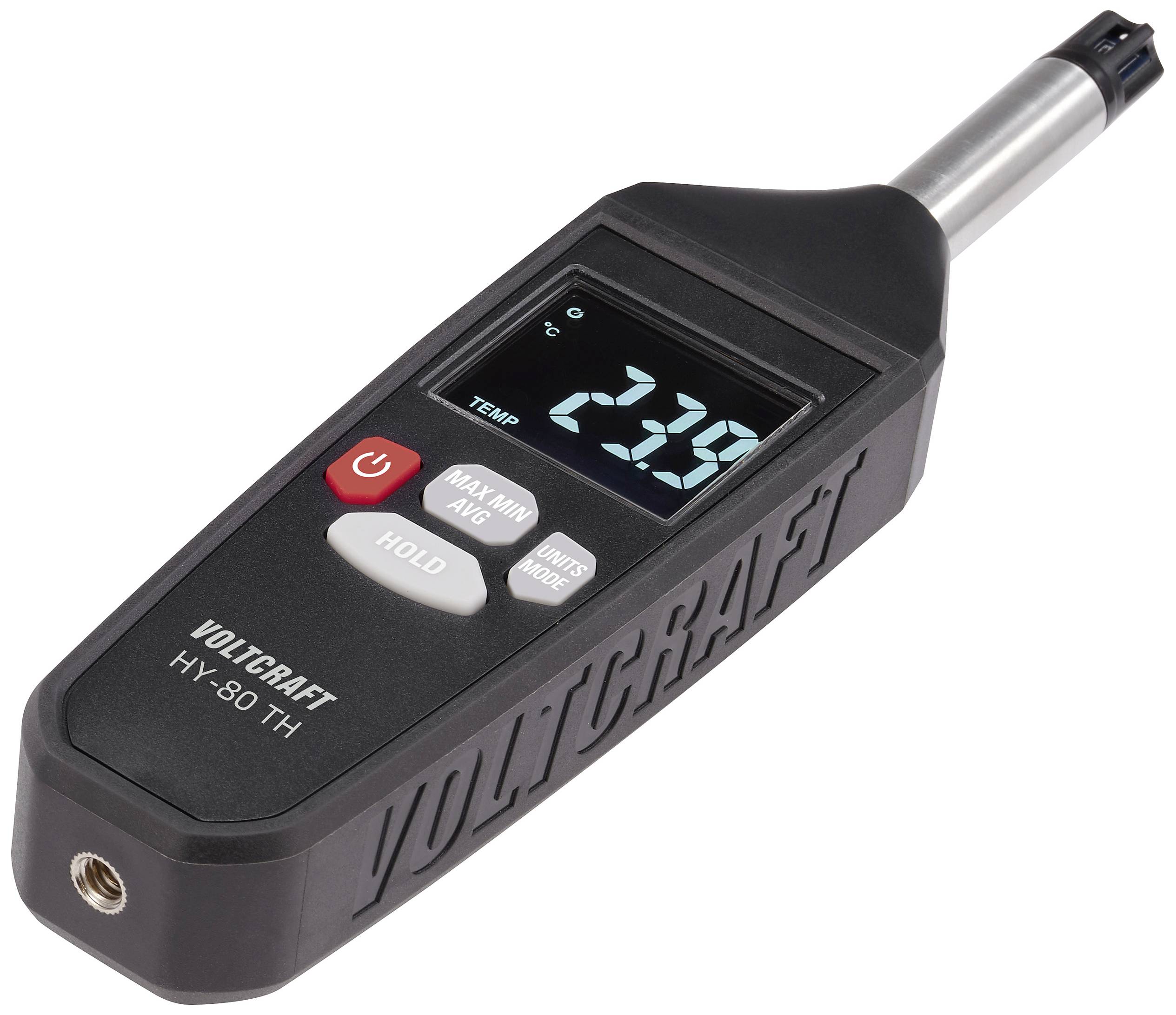 Praktický teploměr od společnosti Voltcraft s digitálním displejem ukazuje 23,9 stupňů Celsia. Obsahuje tlačítka pro funkci podržení, min/max a automatické vypnutí.