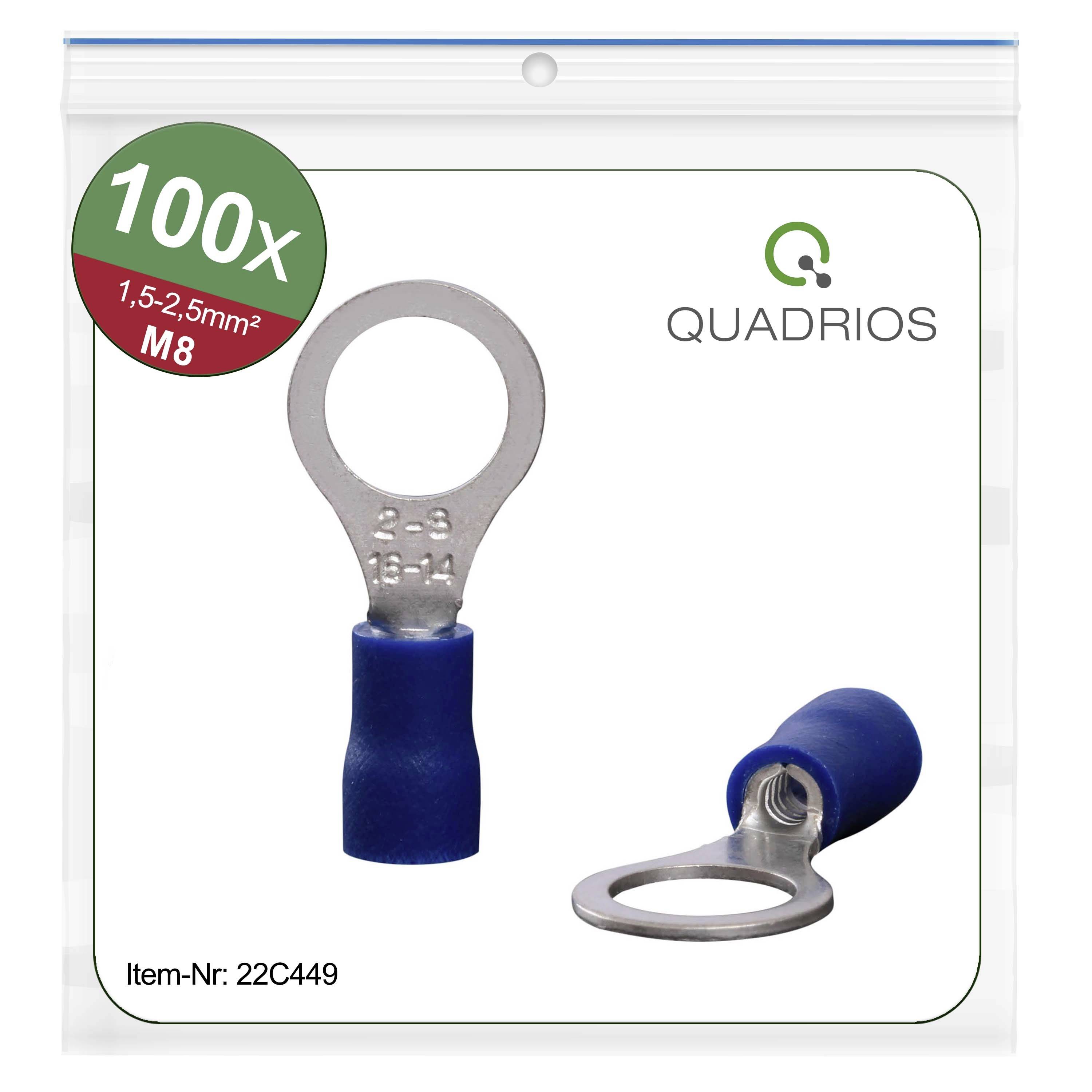 Balení obsahuje 100 modrých kroužkových kabelových ok značky Quadrios, vhodných pro průřez kabelu 1,5-2,5 mm², M8, katalogové číslo 22C449.