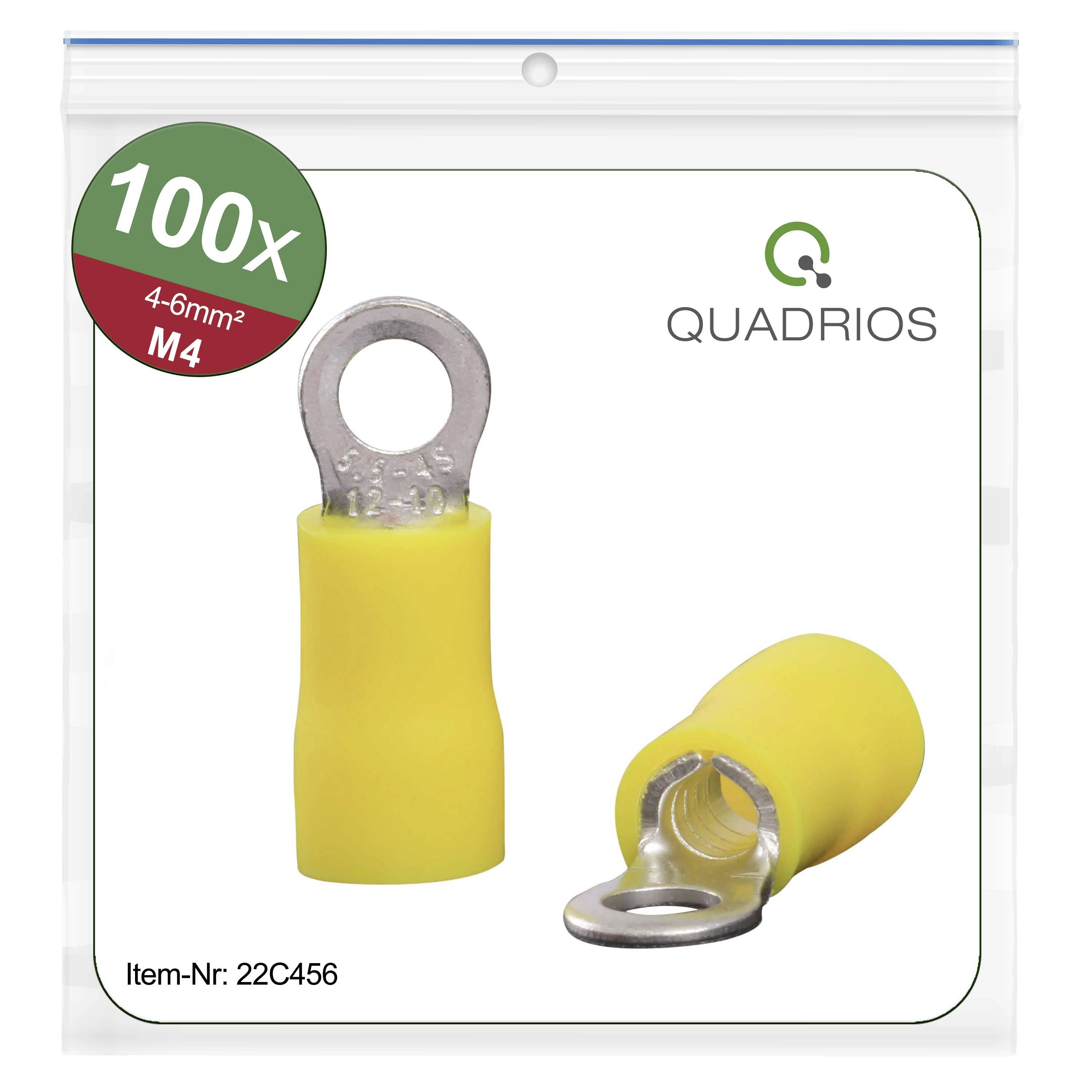 Balení obsahuje 100 žlutých kabelových koncovek značky Quadrio, vhodných pro šrouby M4, určených pro vodiče o průřezu 4-6 mm². Katalogové číslo 22C456.