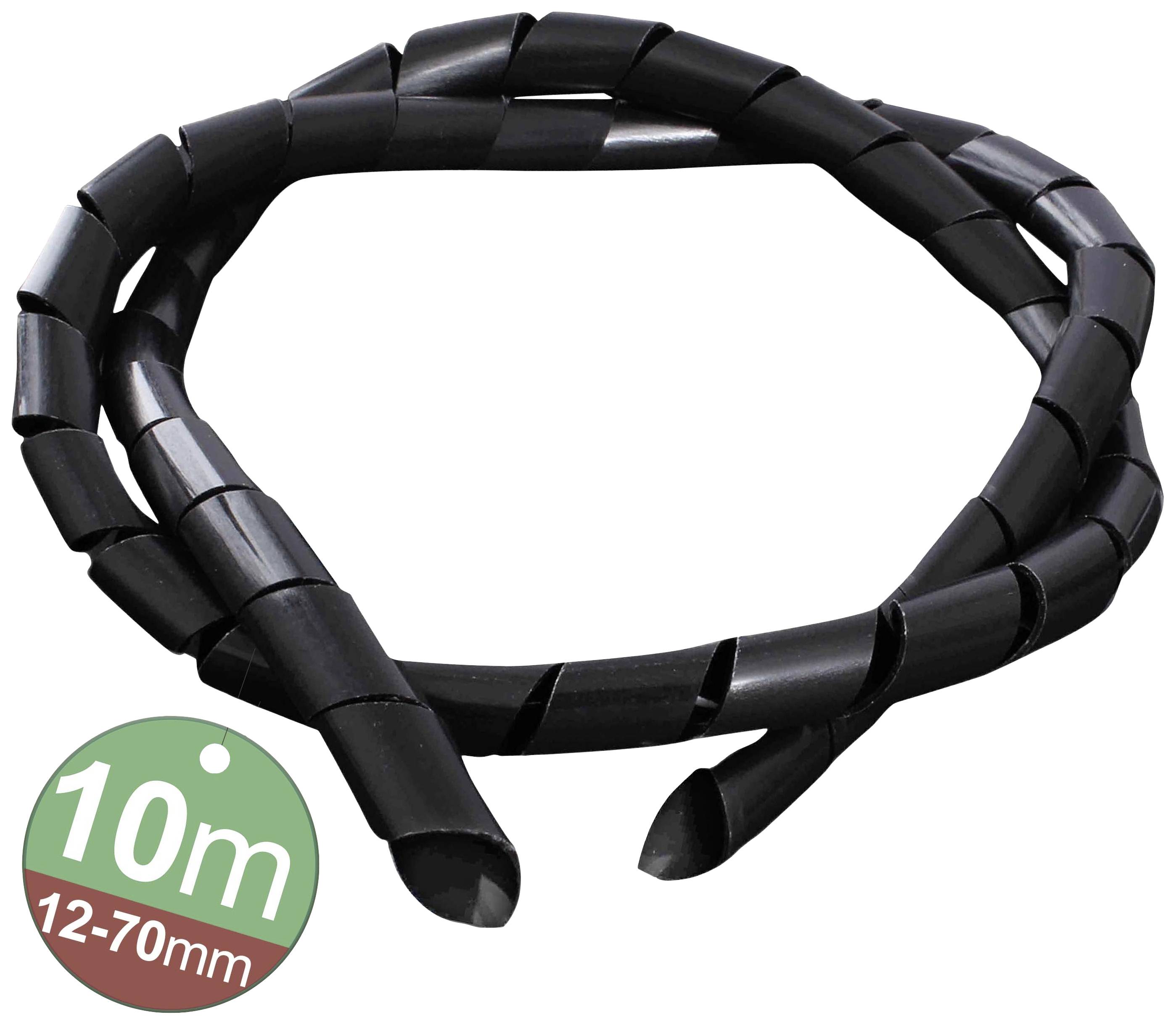 Černý ochranný kabelový spirálový hadice, 10 metrů dlouhý, pro průměr kabelu od 12 do 70 mm.