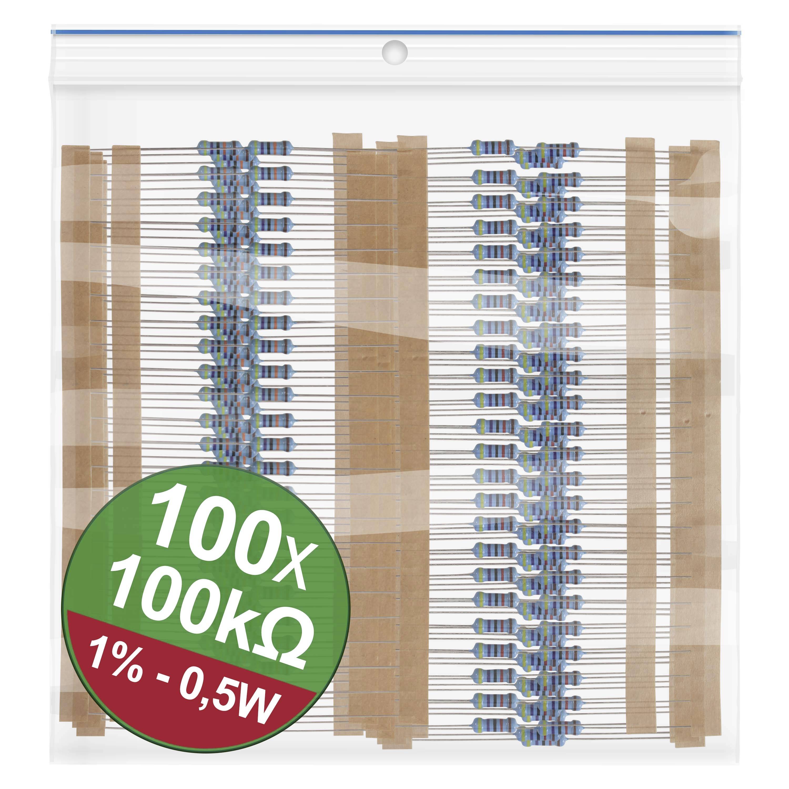 100 odporů v sáčku, 100 kΩ, tolerance 1 %, 0,5 W.