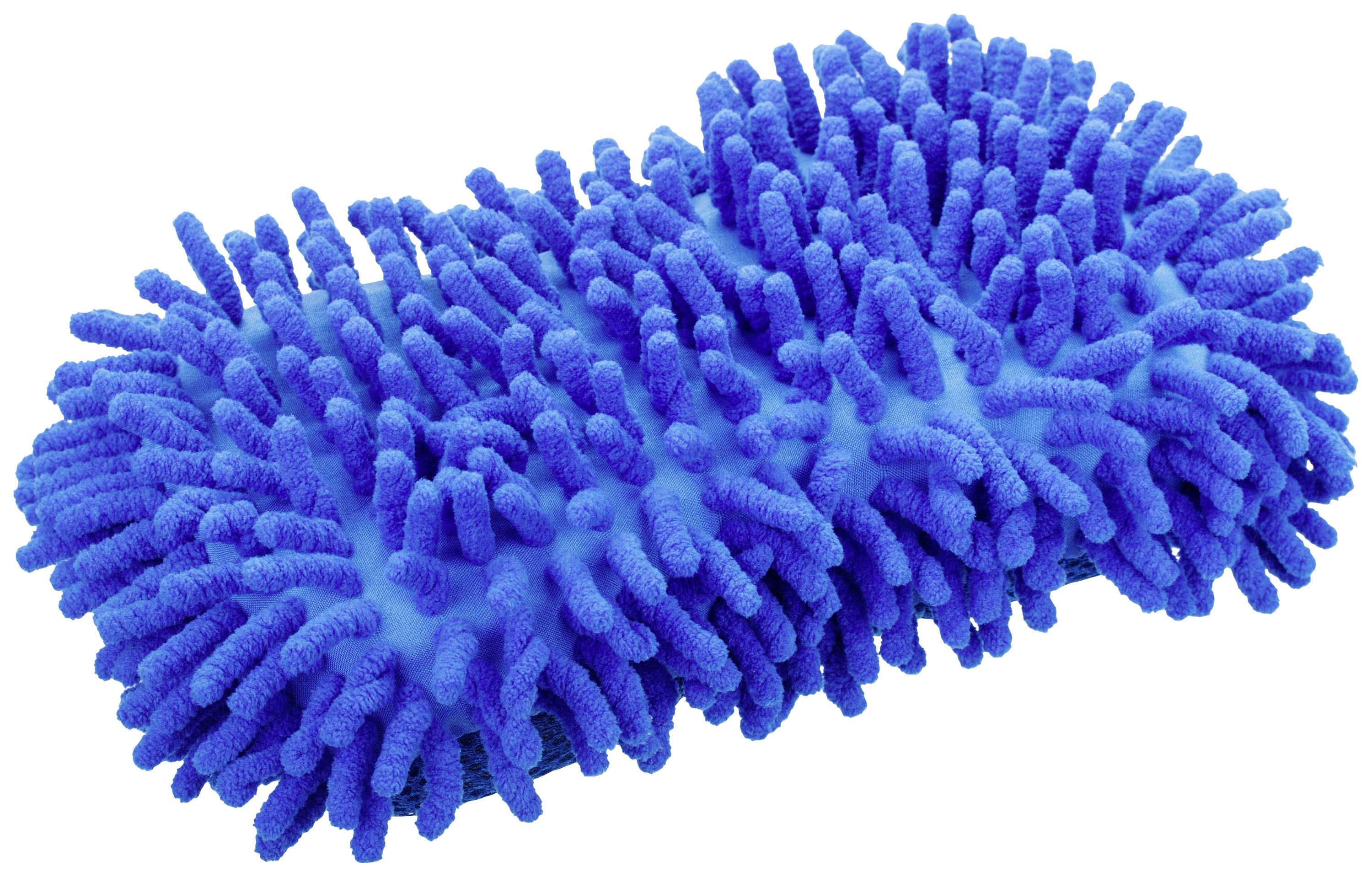 Modrá, protáhlá čisticí houba s mnoha krátkými hustými vlákny, připomínající design chenille, na bílém pozadí.