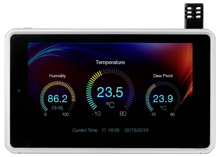 Přístrojová deska počasí ve stylu tabletu zobrazující relativní vlhkost 86,2 %, teplotu 23,5 °C a rosný bod 23,9 °C s aktuálním časem a datem.