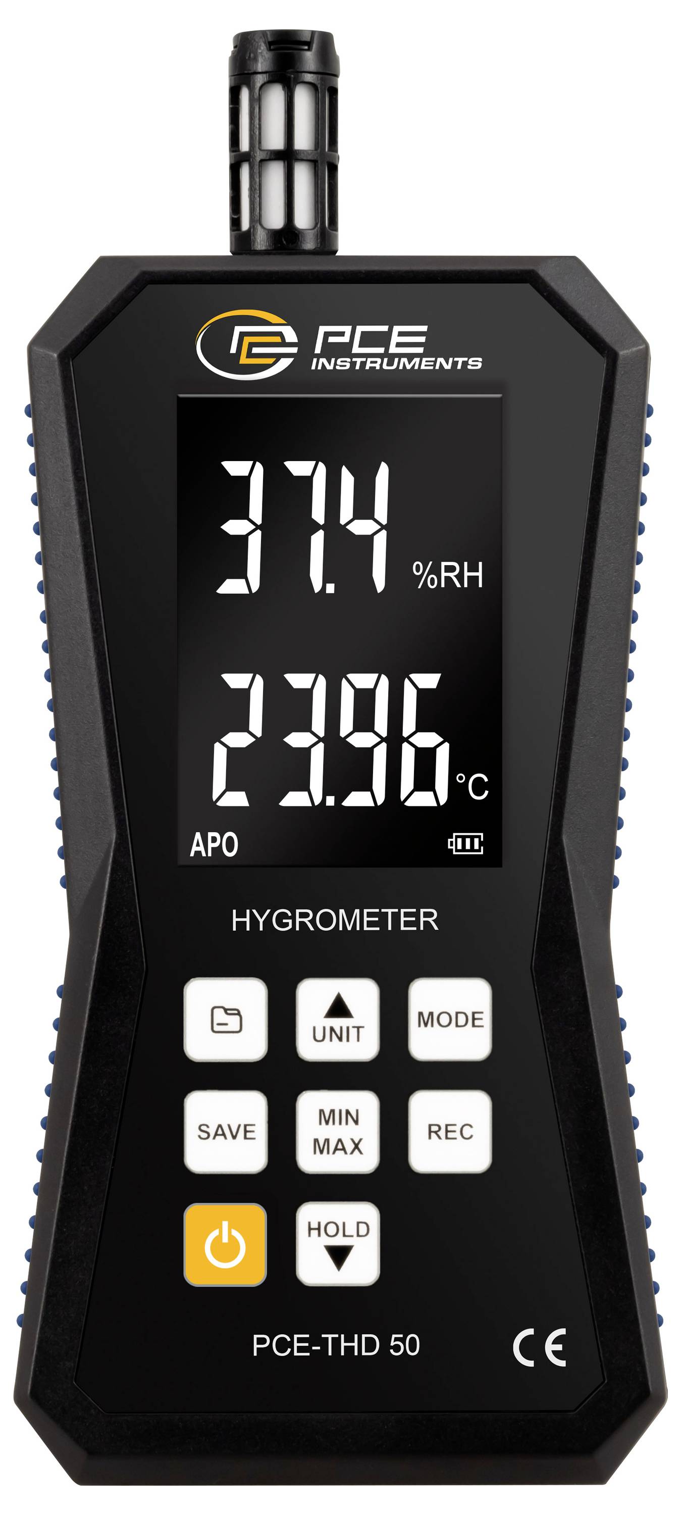 Přenosný hygrometr PCE Instruments zobrazující 37,4 % RH a 23,96 °C s tlačítky pro jednotku, režim, uložení, minimum/maximum, záznam a podržení.