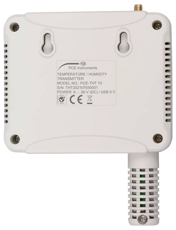 Zadní pohled na bezdrátový teploměr/vlhkoměr od PCE Instruments se sloty pro nástěnné upevnění a ventilovanou sondou vystupující dolů.