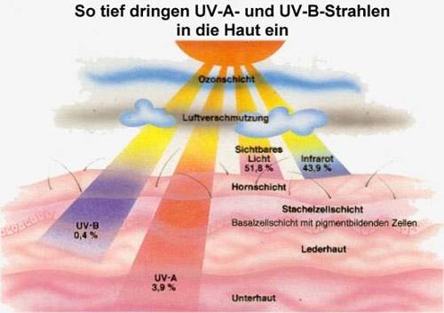 Graf ukazuje průnik UV-A (94,7%) a UV-B (0,4%) paprsků do vrstev kůže; viditelné světlo 51,8%, infračervené záření 43,9%.