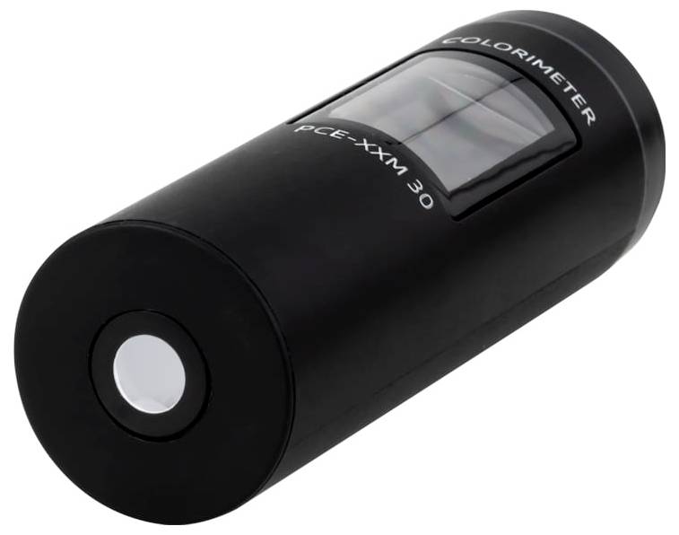 Černé válcové zařízení colorimetru označené "COLORIMETER PCE-XTM 30" se senzorkovým otvorem na jednom konci.