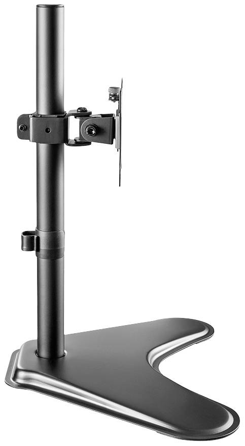 Černý stojan na monitor nebo televizi, nastavitelný výškou, se stabilní základnou a VESA uchycením. Ideální pro kancelářské stoly.