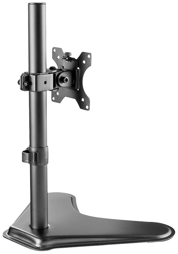 Černý stojan na monitor s nastavitelným držákem na stabilní základně. Vhodný pro upevnění monitoru.