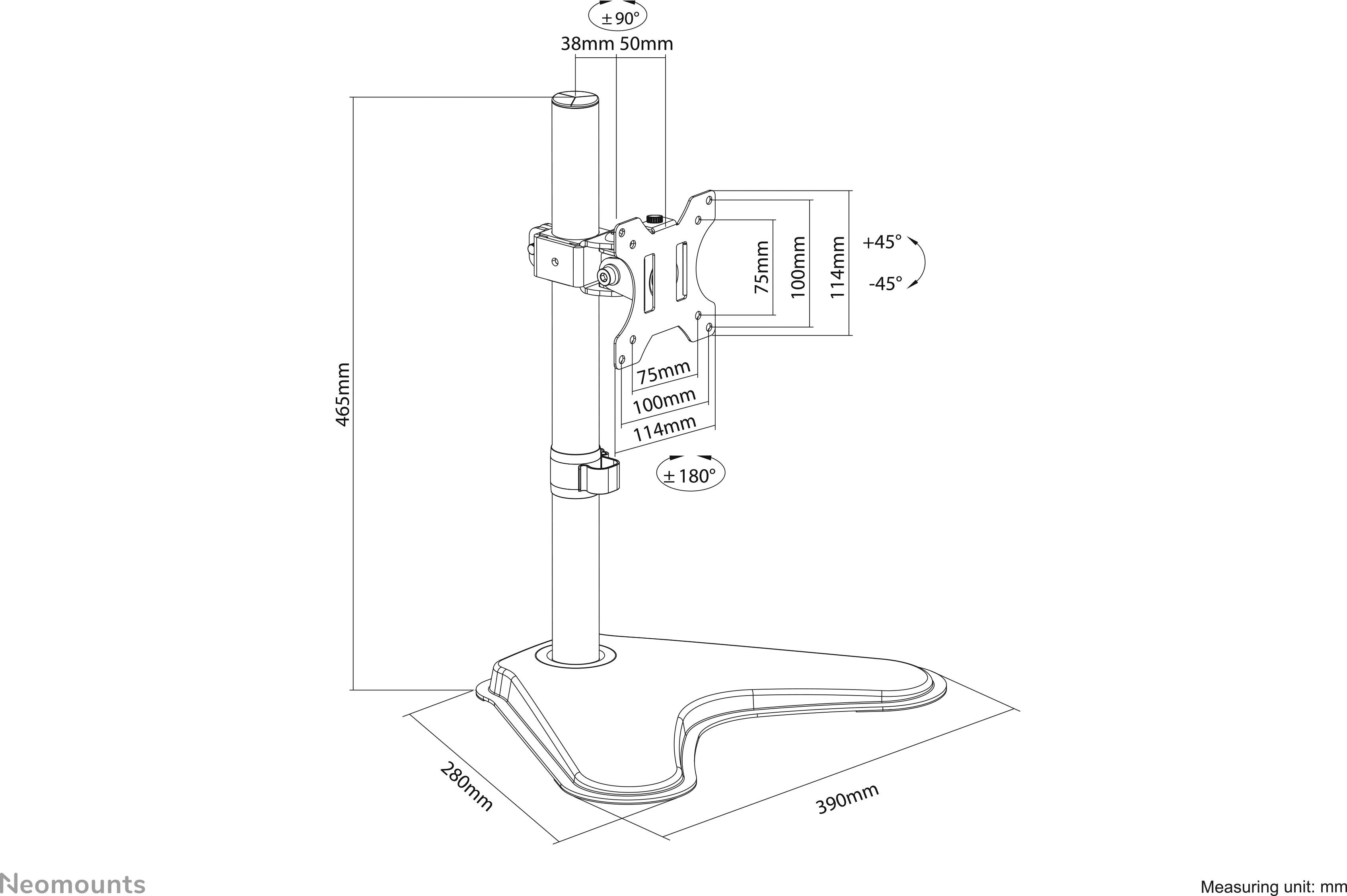 Diagram montážního stojanu s rozměry: 465 mm výška, 260 mm šířka. Úhel otáčení: ±45° vertikálně, ±180° horizontálně. Vhodný pro instalaci monitoru.