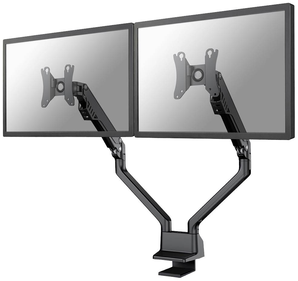 Dva nastavitelné rameny pro monitory v černé barvě, každé určené pro jeden monitor. Jsou namontovány vedle sebe a nabízejí flexibilní nastavení polohy.