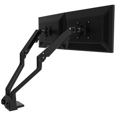 Dvojitý černý kovový monitor ramena namontovaný na stojanu. Obě držáky jsou nastavitelné a vhodné pro dva monitory.