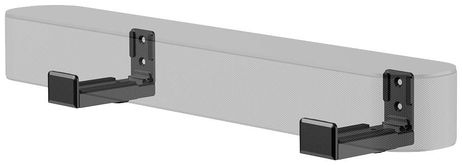 Nástěnný držák s dvěma svorkami pro soundbar v černém designu. Držáky vypadají stabilně a funkčně.