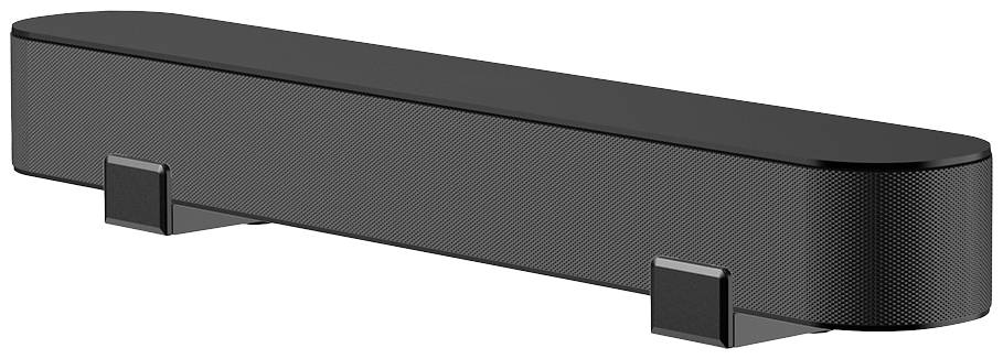 Černý soundbar se zaoblenými rohy a dvěma stabilními stojany, vhodný pro domácí kino nebo přehrávání hudby.