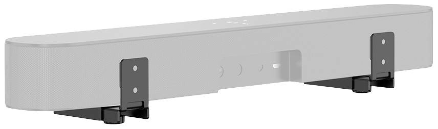 Bílý kovový držák na soundbar pro připevnění na stěnu, s otvory pro šrouby pro stabilní upevnění.