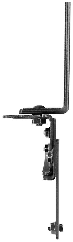Boční pohled na kovový kování s několika spojovatelnými prvky, který je pravděpodobně určen pro konstrukční nebo mechanické účely.