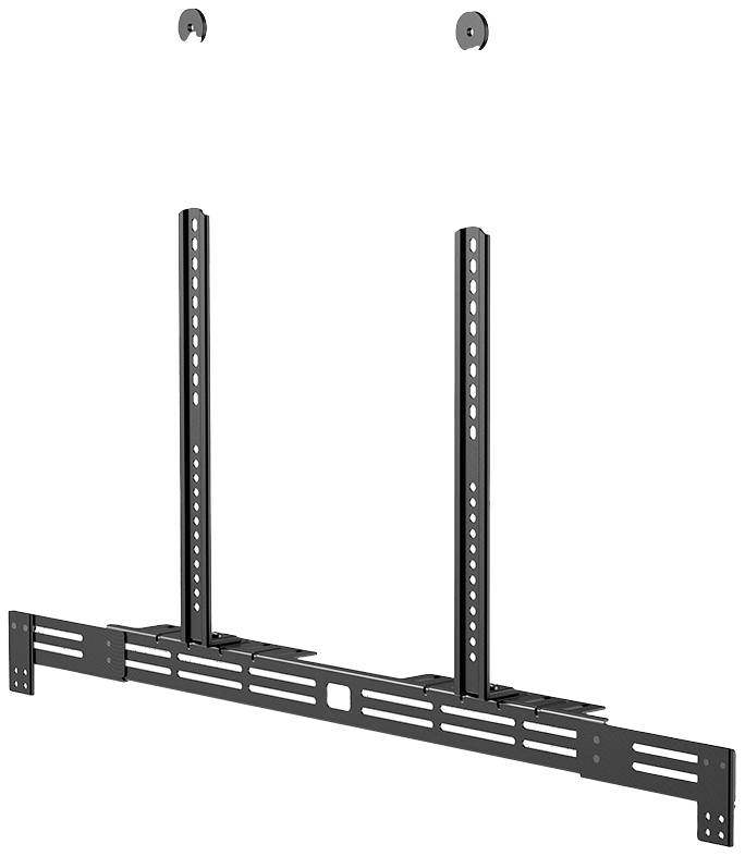 Černý nástěnný držák na TV s vertikálními lištami a montážními otvory, připravený k instalaci.