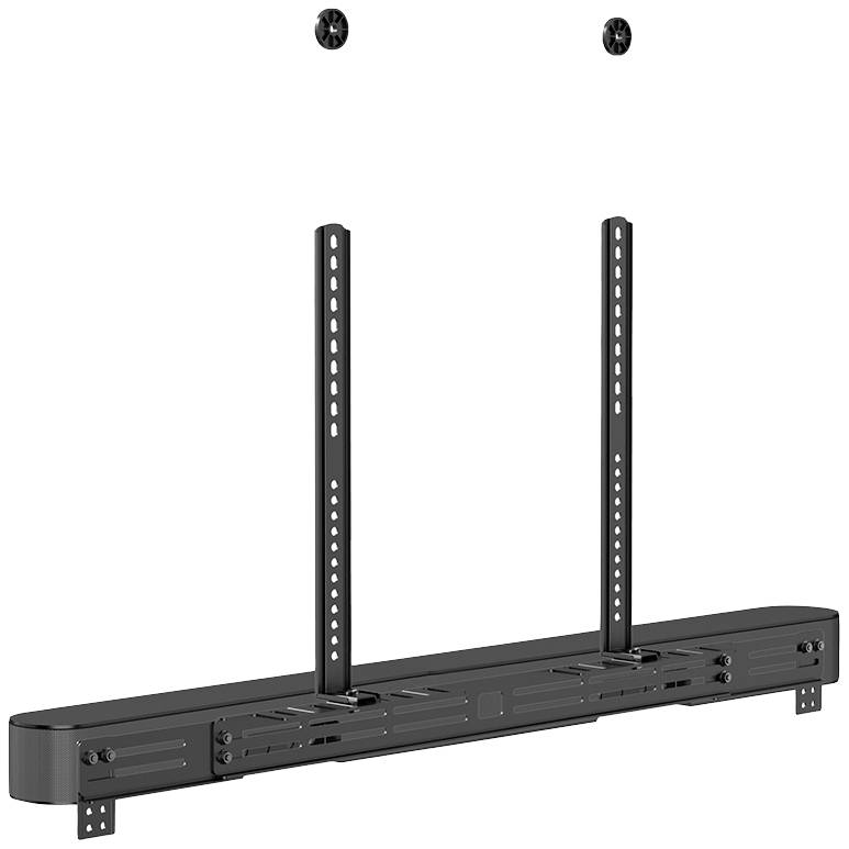 Nástěnný držák pro soundbar, skládající se z dlouhé horizontální lišty a dvou vertikálních úchytů pro upevnění.