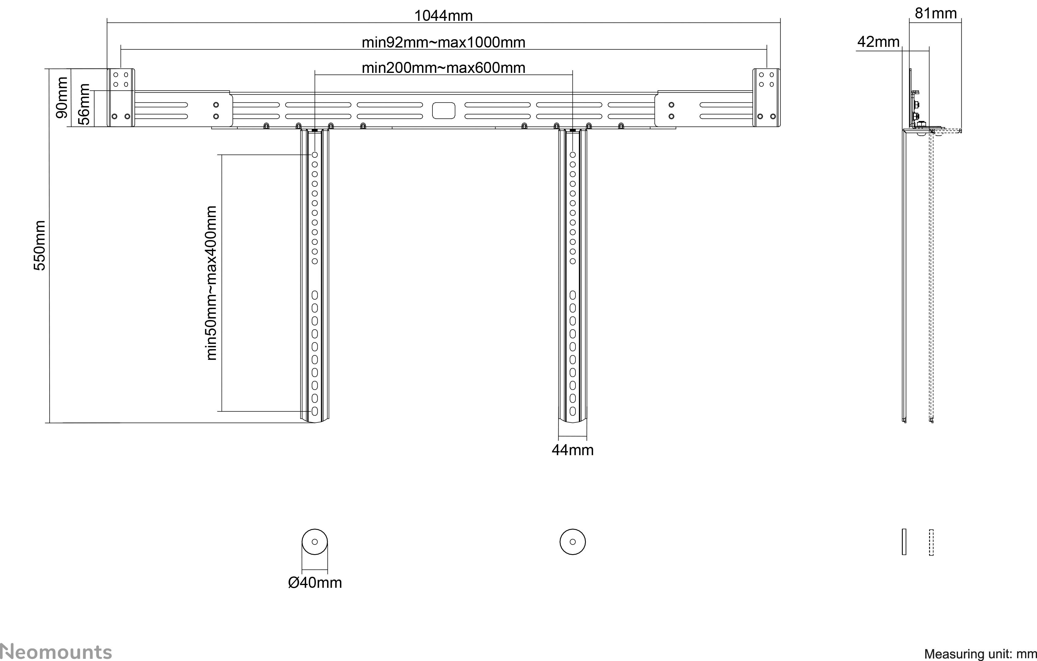 'Technický výkres držáku TV s rozměry. Šířka: 1044 mm, výška: 550 mm, hloubka: 44 mm. Nastavitelné vzdálenosti pro uchycení monitoru.'