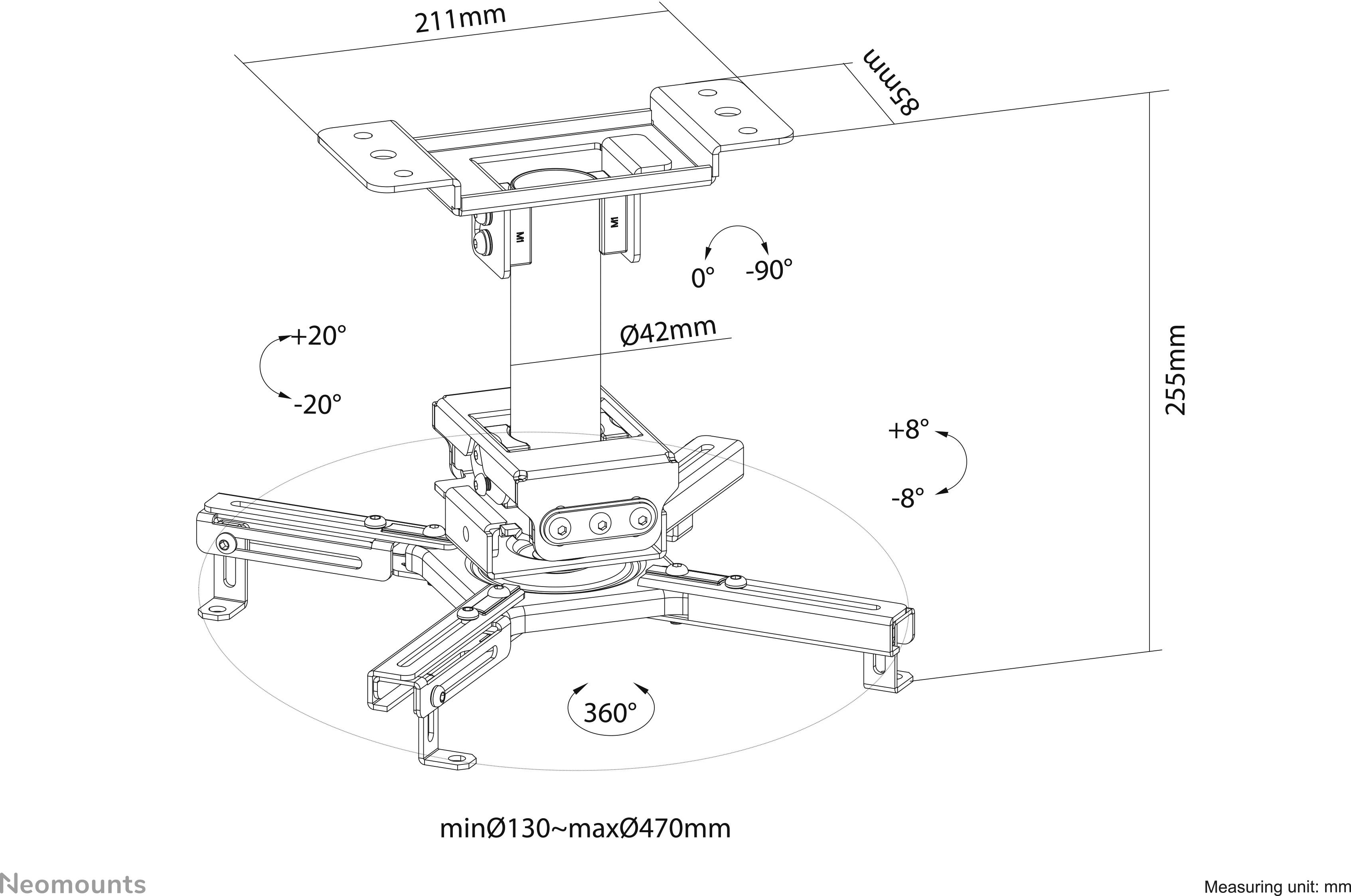 Stropní držák projektoru: Nastavitelný ve výšce, náklon od -20° do +20°, otočný o 360°, rozměry udávané v milimetrech.