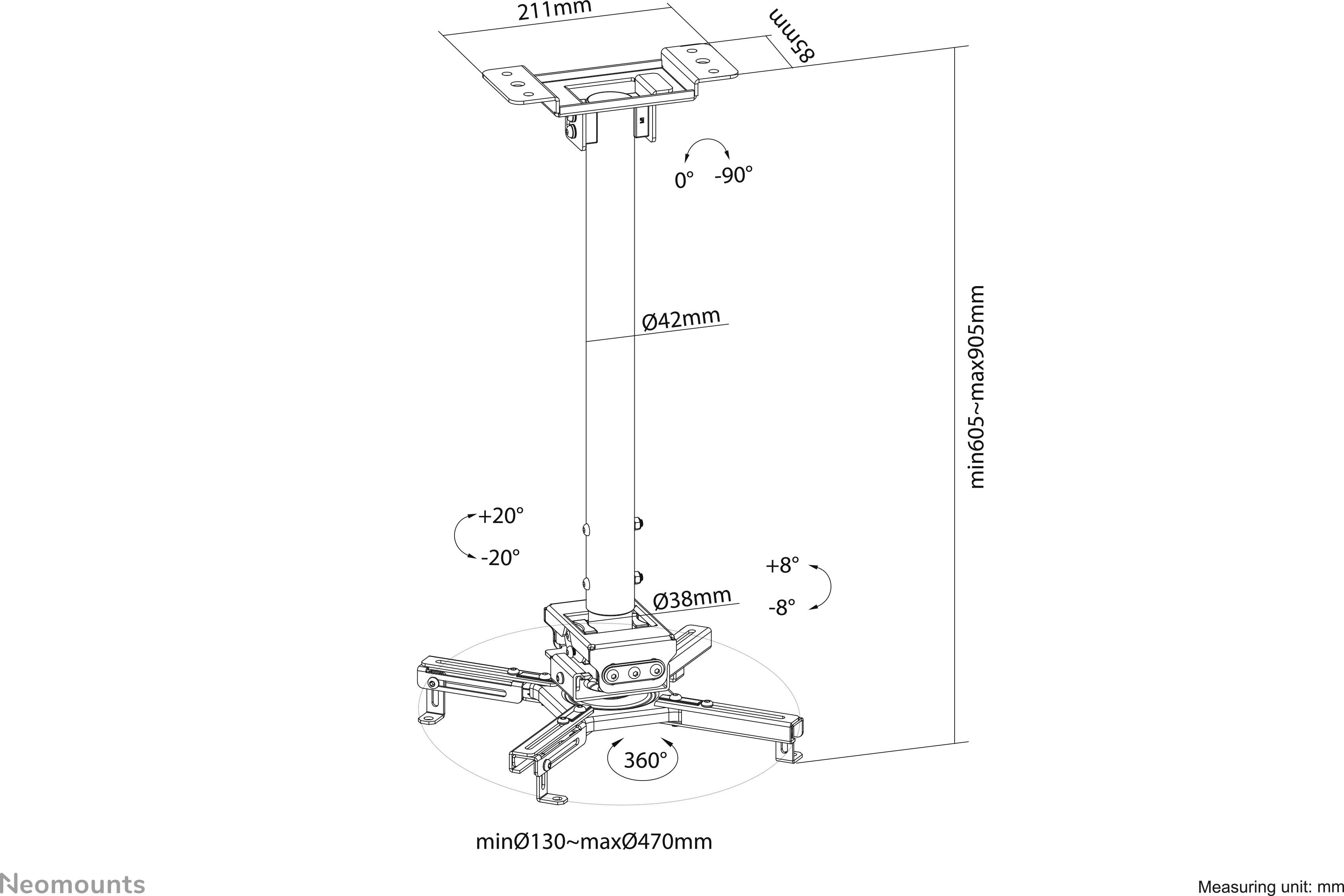 Projektovaný diagram stropního držáku s rozměry: výška 605-905 mm, šířka 211 mm, s úhly náklonu a rotace.