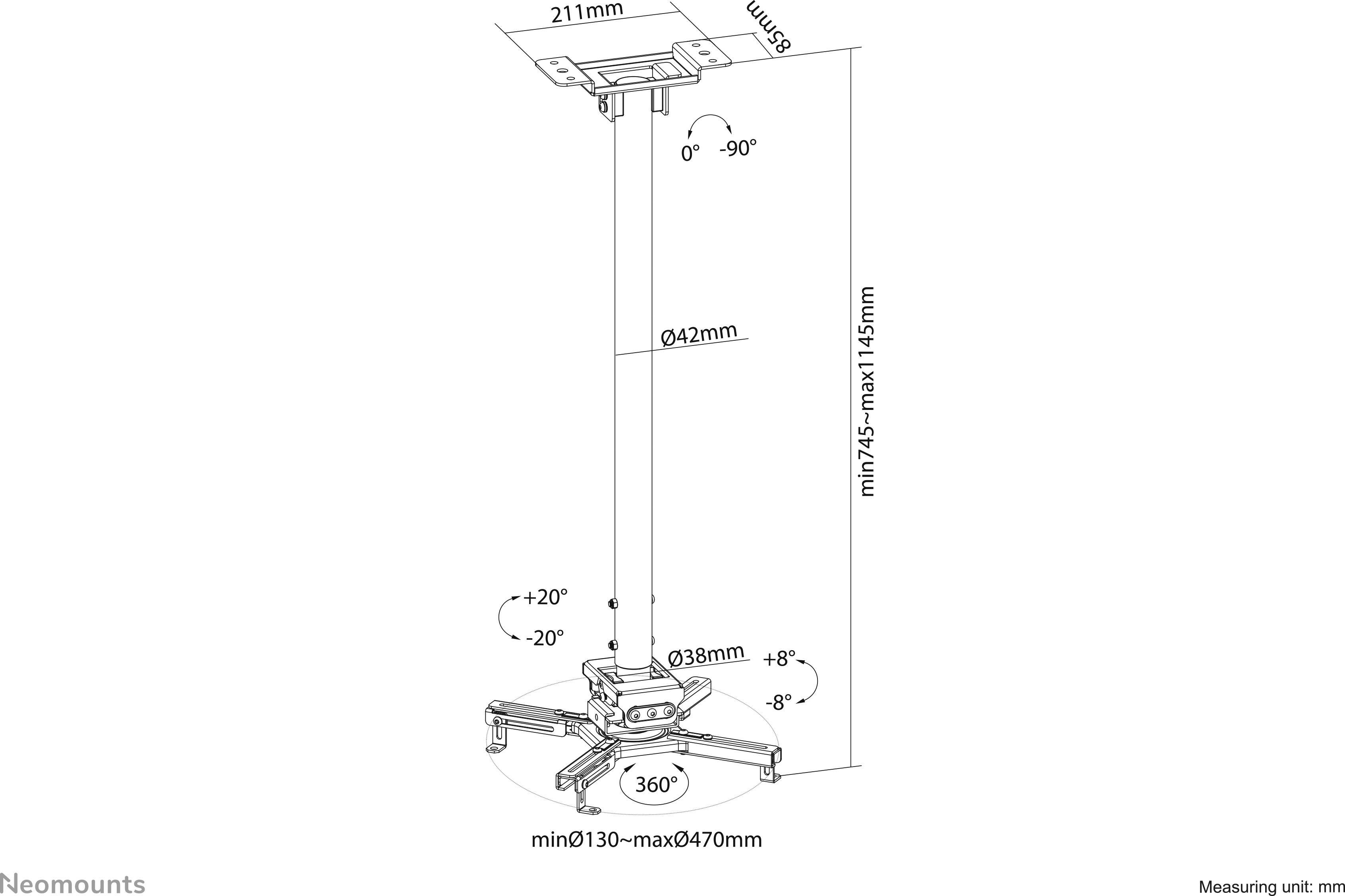 Projekční držák, výškově nastavitelný od 745 mm do 1145 mm, úhel náklonu -90° až +90°, otočení 360°, šířka základny 130-470 mm.