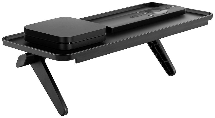 Černá, moderní police se dvěma policemi a šikmýma nohama. Obsahuje dvě pravoúhlá zařízení s tlačítky, umístěná na desce stolu.