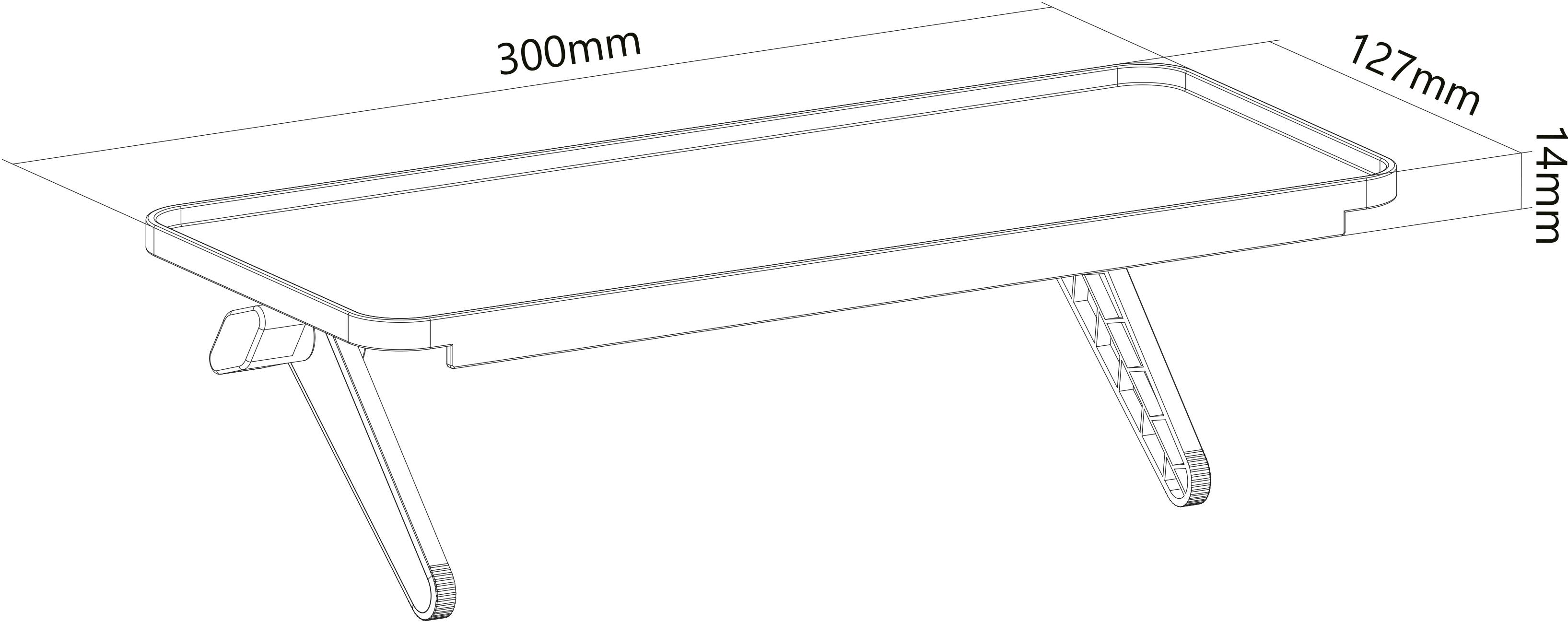 Diagram stolu s rozměry: délka 300 mm, šířka 127 mm, výška 14 mm. Obsahuje sklopný mechanismus nohou.