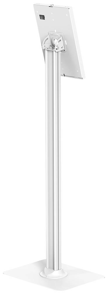 Bílý volně stojící stojan s nastavitelným držákem pro tablet nebo displej. Vhodný pro prezentace nebo veřejné použití.