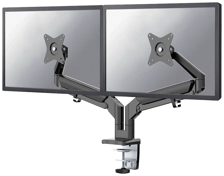 Dva paralelně namontované monitory na nastavitelném dvojitém monitrovém rameni, upevněné k psacímu stolu.