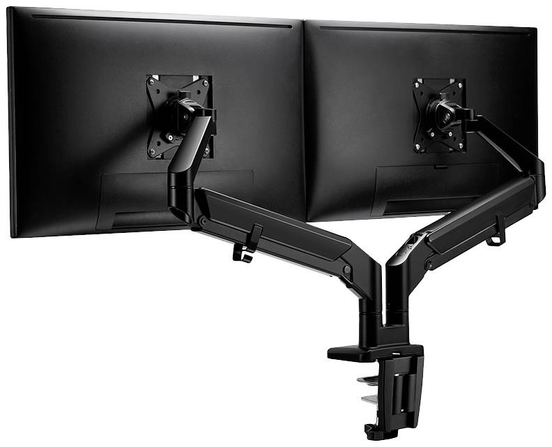 Dva černé monitory namontované na nastavitelném dvojitém ramenovém systému připevněném ke stolu, určené pro ergonomická pracoviště.