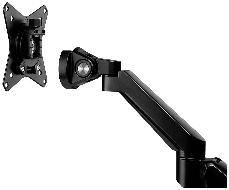 Černený kovový monitor arm s nastavitelným kloubem a VESA uchycením; slouží k flexibilnímu upevnění monitoru.