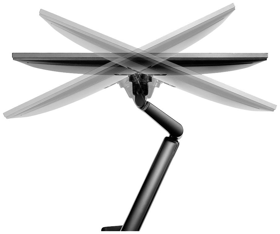 Boční pohled na monitor na flexibilním rameni, který lze naklopit v různých úhlech a demonstrovat tak svou variabilitu a pohyblivost.
