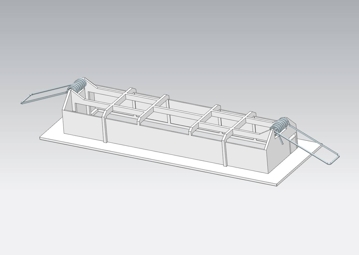 3D znázornění bednění s kovovým vyztužením na obou koncích. Slouží k tvarování betonu v stavebních projektech.
