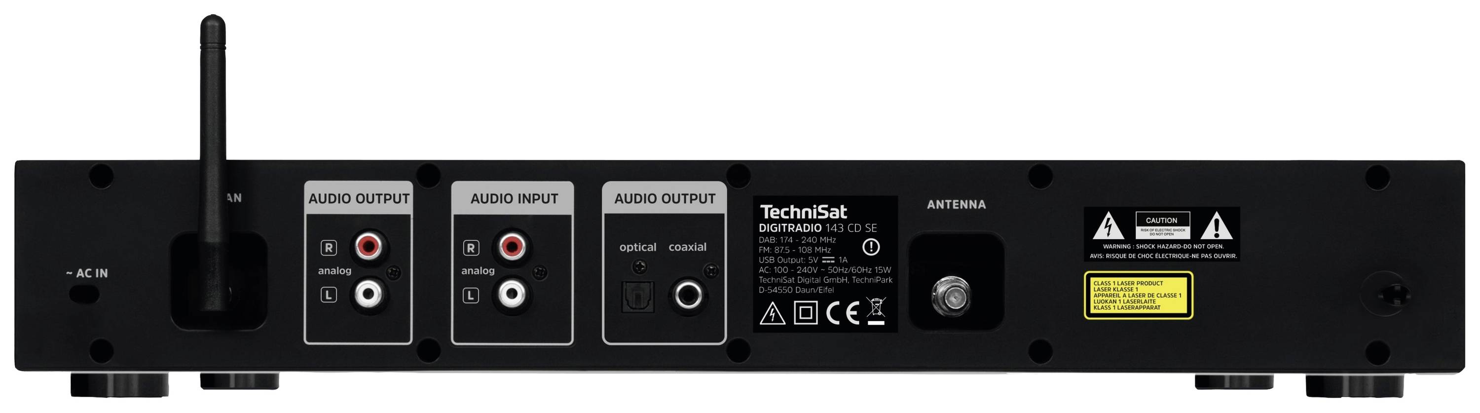 Zadní strana audiovzařízení s různými audio vstupy, audio výstupy, síťovou zásuvkou a anténním konektorem.