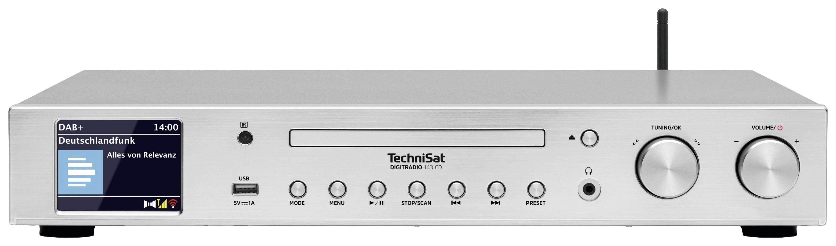 Stříbrný DAB+ tuner s displejem, zobrazuje 'Deutschlandfunk', čas '14:00'. Otočné knoflíky pro 'ladění' a 'hlasitost'. USB port k dispozici.