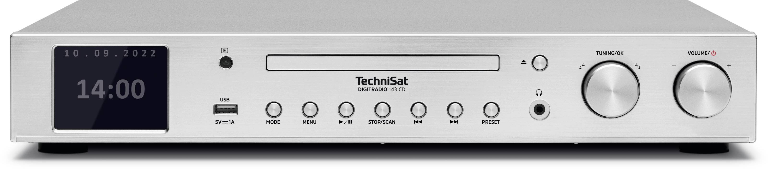 Stříbrný Hi-Fi receiver od TechniSatu. Display zobrazuje '10.09.2022, 14:00'. Ovládací tlačítka a přípojky jsou viditelné.