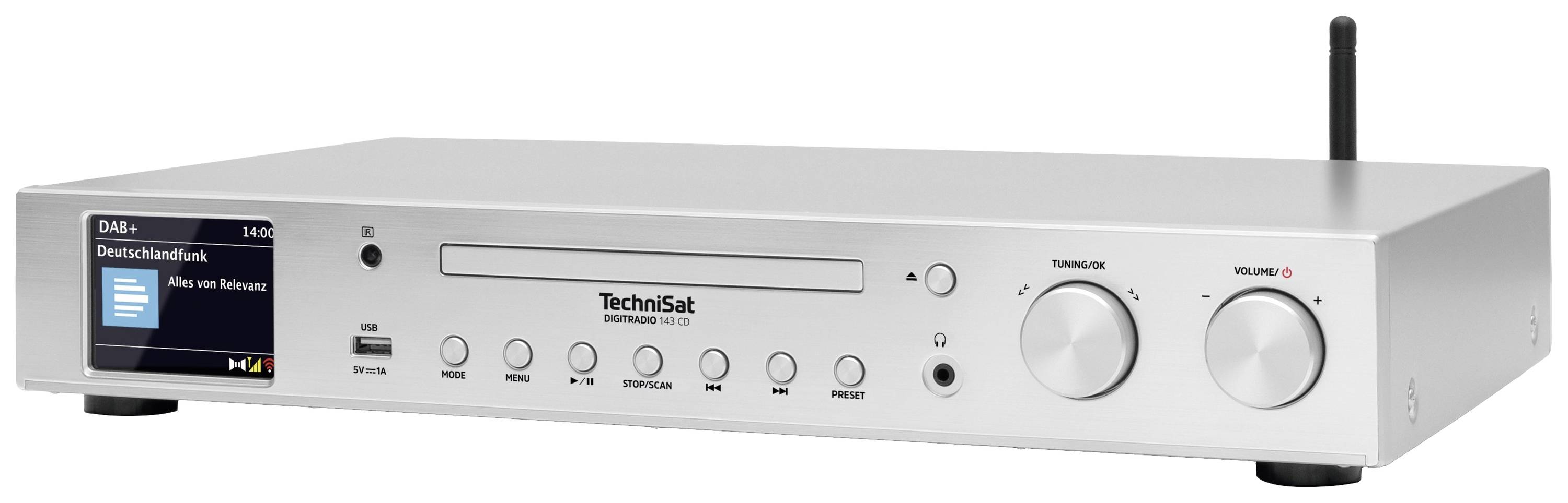 Stříbrné Hi-Fi rádio s přehrávačem CD. Vlevo je digitální displej, vedle něj ovládací tlačítka. Vpravo jsou regulátory hlasitosti.